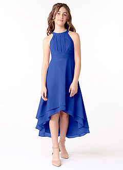 Azazie Linna Junior Vestido de Azul Real de Gasa de Corte En A con Plisado image1