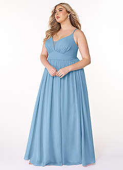 Azazie Rayna Vestidos de damas de honor Vestido de Azul Acero de Gasa de Corte en A con Cuello en V plisado image9