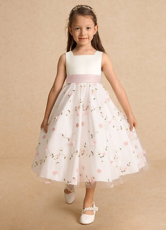 Azazie Pollie Flower Girl Dresses Blushing Pink Blushing Pink A-Line Bow Tulle Dress image8