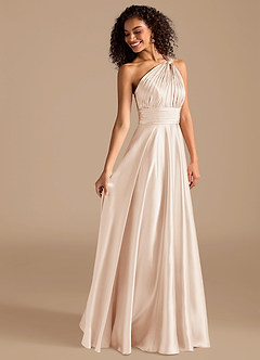 Azazie Charlize Bridesmaid Dresses Blushing Pink A-Line One Shoulder Metallic Satin Dress image11
