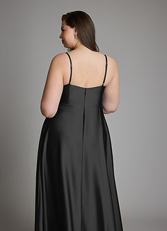 Azazie Amani Vestidos de damas de honor Vestido Negro de Satén Elástico de Línea A con Plisado image12