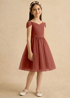 Azazie Lila Girls Formal Robe Demoiselle D'honneur Fillette Robe Trapèze en Tulle Épaule décolletée Auburn image5