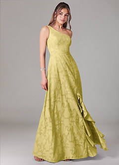 Azazie Ellianna Bridesmaid Dresses Canary A-Line One Shoulder Floral Burnout Dress image3
