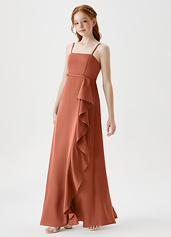 Azazie Kaylee Junior Cedar Rose A-Line with Belt Stretch Satin Dress image4