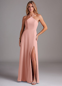 Azazie Bailey Bridesmaid Dresses Rosette A-Line Halter Side Slit Chiffon Dress image1
