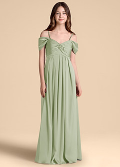 Azazie Kaitlynn Junior Abito A-Line in Raso Elasticizzato a Spalla Scoperta Verde Salvia image1