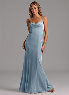 Azazie Karryn Vestidos de damas de honor Vestido de Azul Polvoriento de terciopelo de Corte Sirena con Corsé image4
