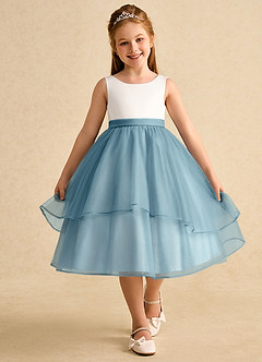 Azazie Rene Flower Girl Dresses Ivory Moody Blue A-Line Bow Tulle Dress image4