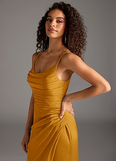 Azazie Deandra Bridesmaid Dresses Butterscotch Mermaid Pleated Stretch Satin Dress image3