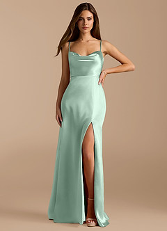 Azazie Erma Bridesmaid Dresses Agave A-Line Side Slit Metallic Satin Dress image1
