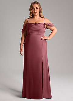 Azazie Saige Bridesmaid Dresses Desert Rose Sheath Off the Shoulder Stretch Satin Dress image15