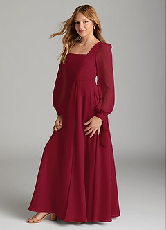 Azazie Leonia Junior Burgundy A-Line with Pockets Chiffon Dress image4