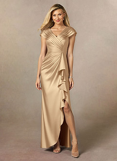 Azazie Anderson Final Sale Champagne A-Line Pleated Stretch Satin Dress image1