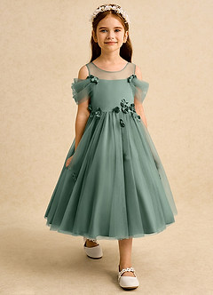 Azazie Juni Flower Girl Dresses Eucalyptus Ball-Gown Pleated Tulle Dress image7