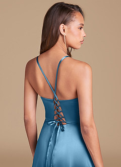 Azazie Maksim Final Sale Steel Blue A-Line Metallic Satin Dress image2