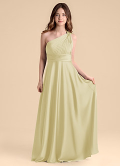 Azazie Charlize Junior Lemon Sorbet A-Line Pleated Stretch Satin Dress image4