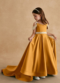 Azazie Jodi Robe Demoiselle D'honneur Fillette Robe Trapèze en Mat Satiné Caramel écossais image1