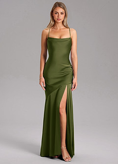 Azazie Grata Bridesmaid Dresses Bright Olive Mermaid Side Slit Stretch Satin Dress image3