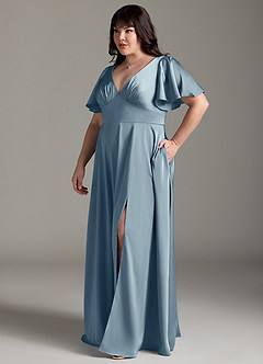 Azazie Kimber Robes de demoiselle d'honneur Robe Trapèze en Satin extensible Rayé Bleu Poussiéreux image4