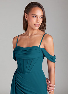 Azazie Amyra Bridesmaid Dresses Ink Blue Sheath Off the Shoulder Chiffon Convertible Dress image7