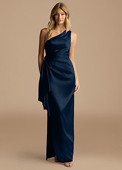 Azazie Saira Final Sale Auburn Sheath One Shoulder Metallic Satin Dress image3