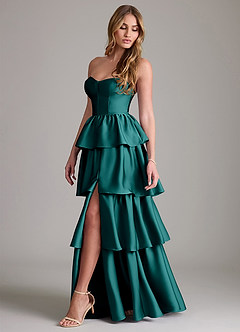 Azazie Faye Bridesmaid Dresses Peacock A-Line Ruched Stretch Satin Dress image3