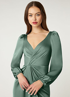 Azazie Mel Bridesmaid Dresses Eucalyptus Sheath Long Sleeve Stretch Satin Dress image6