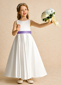 Azazie Cherry Flower Girl Dresses Ivory Tahiti Ball-Gown Pleated Matte Satin Dress image2