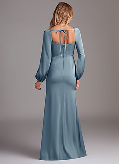Azazie Charissa At-home Try On Dresses Dusty Blue Sheath Long Sleeve Stretch Satin Dress image8