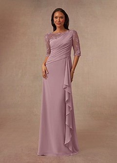 Azazie Dionysus At-home Try On Dresses Dusty Rose A-Line Boatneck Lace Chiffon Dress image1