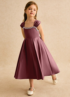 Azazie Yosemite Robe Demoiselle D'honneur Fillette Robe Princesse en Mat Satiné Encolure en Forme de Cœur Rose Du Désert image6