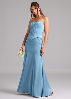Azazie Ximena Vestidos de damas de honor Vestido de Azul Acero de Satén Elástico de Corte Sirena Convertible con Corsé image1