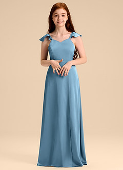 Azazie Everett Junior Steel Blue A-Line Bow Stretch Satin Dress image4