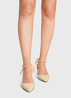 front Satin-Pumps mit spitzer Spitze und Blockabsatz, Perlen und Schleife