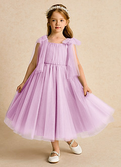 Azazie Dori Robe Demoiselle D'honneur Fillette Robe Trapèze en Tulle Rayé Rose Bonbon image2