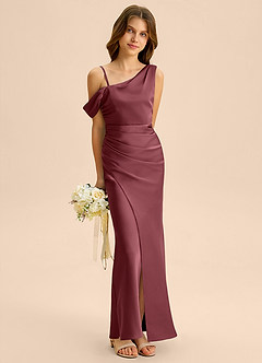 Azazie Madelyn Junior Osłona Zza ramienia Satyna elastyczna Długość podłogi Młodsza druhna Sukienka image4