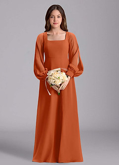 Azazie Bondi Junior Burnt Orange A-Line Blouson Chiffon Dress image3