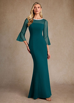 Azazie Bellevie Final Sale Peacock Sheath Beaded Stretch Crepe Dress image4