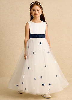 Azazie Cricket Flower Girl Dresses Ivory Dark Navy Ball-Gown Pleated Matte Satin Dress image6