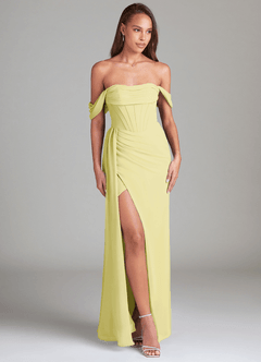 Azazie Amyra Jurken voor bruidsmeisjes Converteerbaar Jurk van Chiffon met Kolom Off the Shoulder Citroensorbet image3