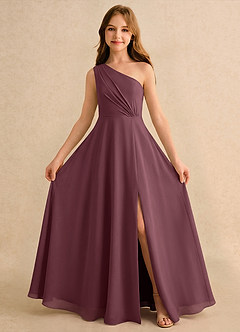 Azazie Puddles Girls Formal Robe Demoiselle D'honneur Fillette Robe Trapèze en Mousseline de soie Une épaule Sangria image5