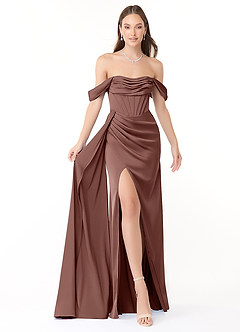 Azazie Amyra Jurken voor bruidsmeisjes Converteerbaar Jurk van Stretch Satijn met Kolom Off the Shoulder Espresso image1