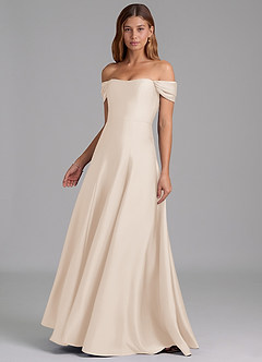 Azazie Seriana 신부 들러리 드레스 A라인 오프 더 숄더 스트레치 새틴 바닥 길이 드레스 image3