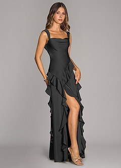 Azazie Sloane At-home Try On Dresses Rosette A-Line Sweetheart Neckline Stretch Satin Dress image3