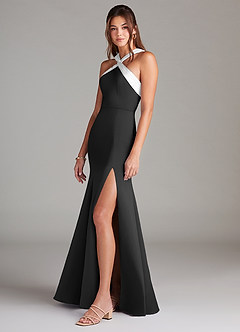 Azazie Rue Bridesmaid Dresses Ivory Black A-Line Pleated Stretch Satin Dress image5