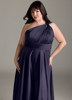 Azazie Charlize Robes de demoiselle d'honneur Robe Trapèze en Satin extensible Ue épaule Bleu Orageux image14