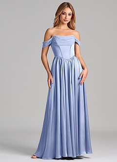 Azazie Raisa 신부 들러리 드레스 A라인 오프 더 숄더 스트레치 새틴 바닥 길이 드레스 image4