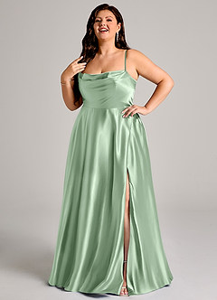 Azazie Elle Bridesmaid Dresses Matcha A-Line with Pockets Metallic Satin Dress image3