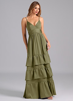 Azazie Nathalia Final Sale Pistachio A-Line Pleated Stretch Satin Dress image1