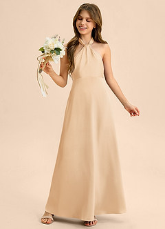 Azazie Beah Junior Robe Trapèze en Satin extensible Plissée Or image1